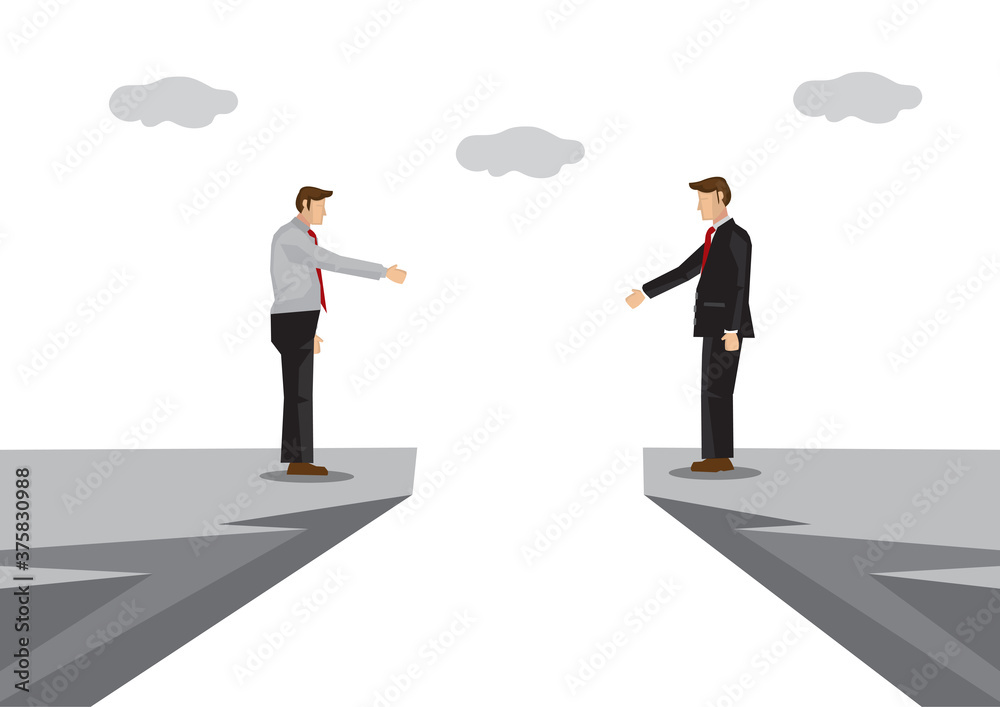 Businessmen with barriers trying to have a handshake. Concept of problems or challenges in corporate cooperation.