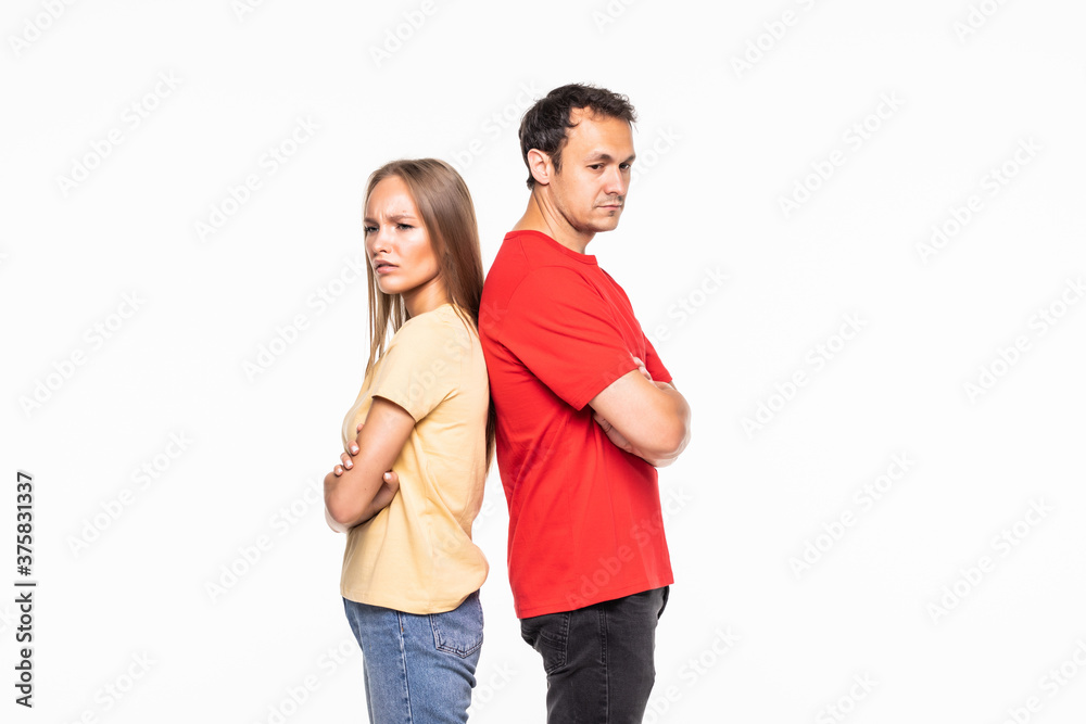 The young couple with different emotions during conflict isolated on white background The young couple with different emotions during conflict isolated on white background