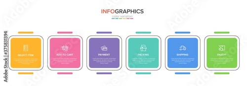 Concept of shopping process with 6 successive steps. Six colorful graphic elements. Timeline design for brochure, presentation, web site. Infographic design layout.