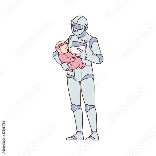 Future babysitting concept - robot and baby sketch vector illustration isolated.