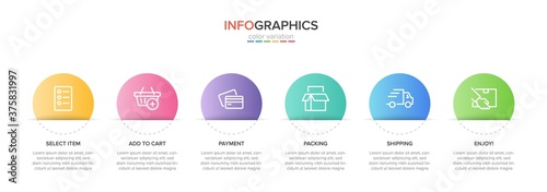 Concept of shopping process with 6 successive steps. Six colorful graphic elements. Timeline design for brochure, presentation, web site. Infographic design layout.