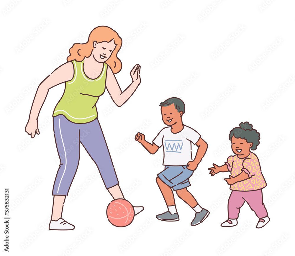 Woman and children playing soccer with ball - cartoon mother with kids