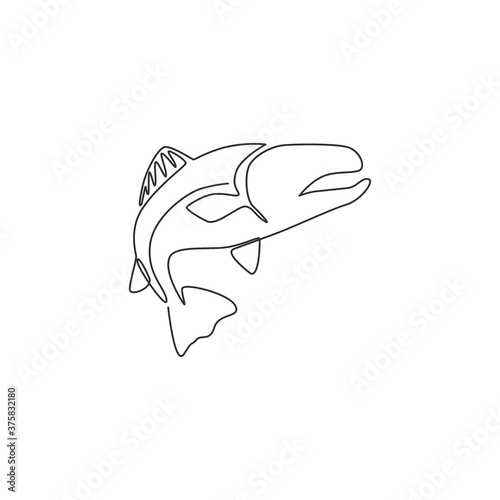 One continuous line drawing of big salmon for fishing logo identity. Fish mascot concept for fast food can icon. Single line draw design vector illustration graphic
