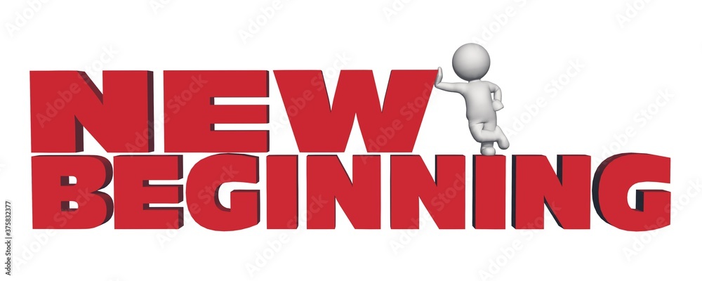 NEW BEGINNING lettering in red color and leaning 3D people - isolated ...