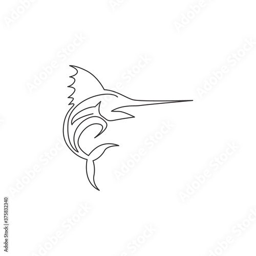 Single continuous line drawing of large marlin for marine company logo identity. Jumping swordfish mascot concept for fishing tournament icon. One line draw graphic design vector illustration