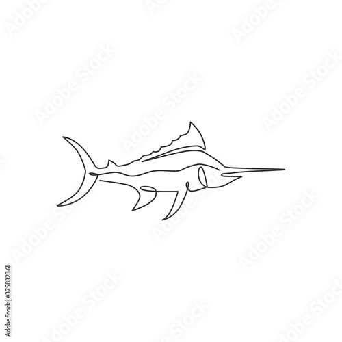 One continuous line drawing of big wild marlin for marine company logo identity. Swimming fish mascot concept for fishing competition icon. Single line draw design vector illustration graphic