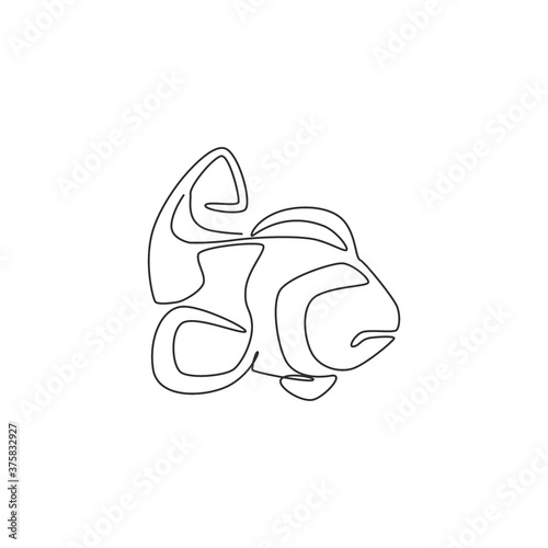 One continuous line drawing of adorable clown fish for sea world logo identity. Percula anemoneshow mascot concept for aquatic show icon. Single line graphic draw design vector illustration