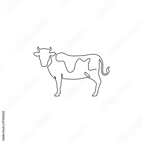 One single line drawing of fat cow for husbandry logo identity. Mammal animal mascot concept for livestock icon. Continuous line draw design vector illustration graphic