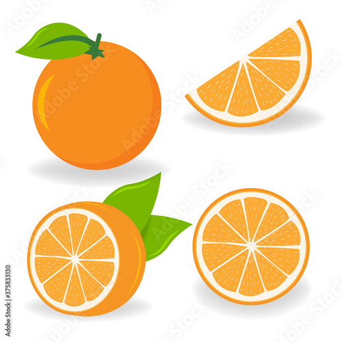 Orange symbol. Sliced orange slices in different ways. Isolated vector illustration.