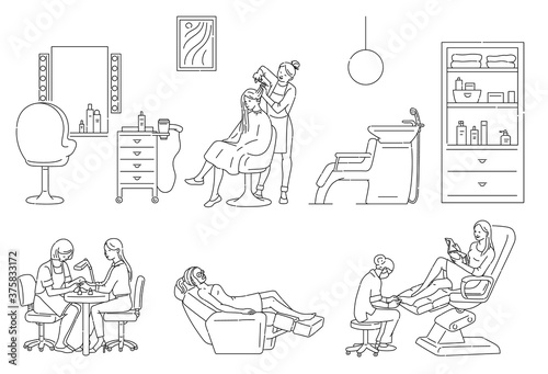 Women in a beauty salon or spa set of vector contour illustrations.