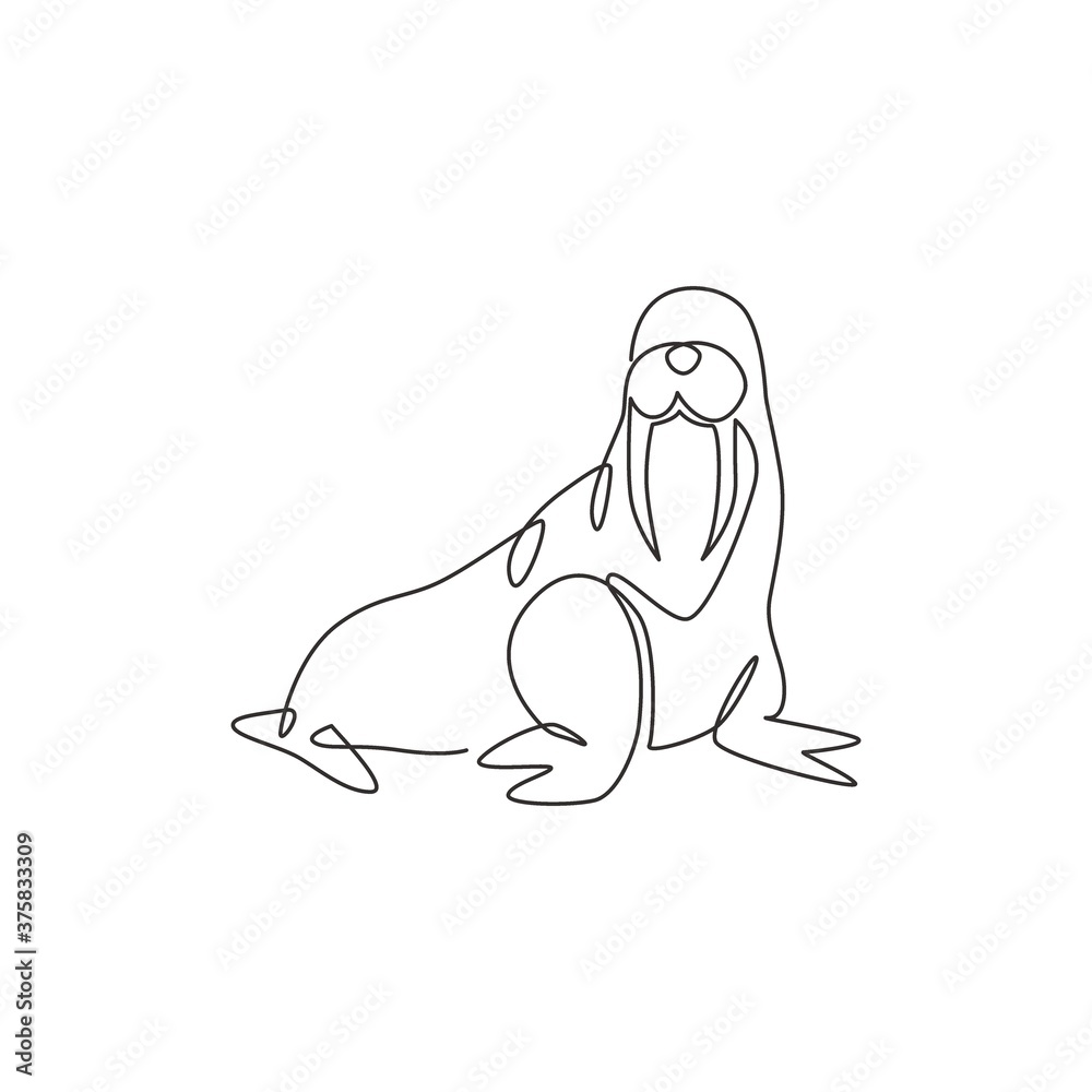 Obraz premium One continuous line drawing of giant walrus for marine company logo identity. Odobenus rosmarus mascot concept for national conservation park icon. Modern single line draw design vector illustration