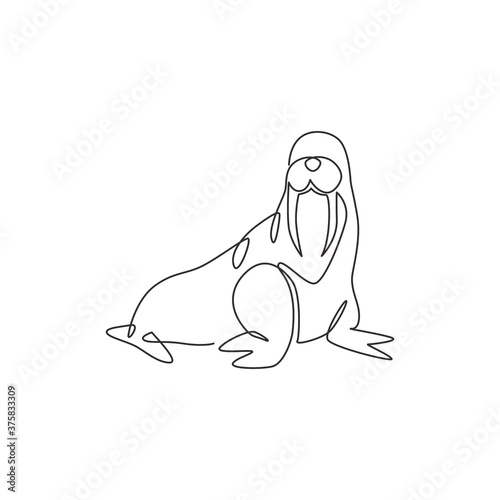 One continuous line drawing of giant walrus for marine company logo identity. Odobenus rosmarus mascot concept for national conservation park icon. Modern single line draw design vector illustration