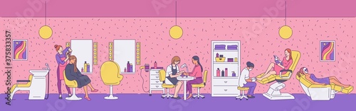 Pink beauty salon interior panorama with cartoon people
