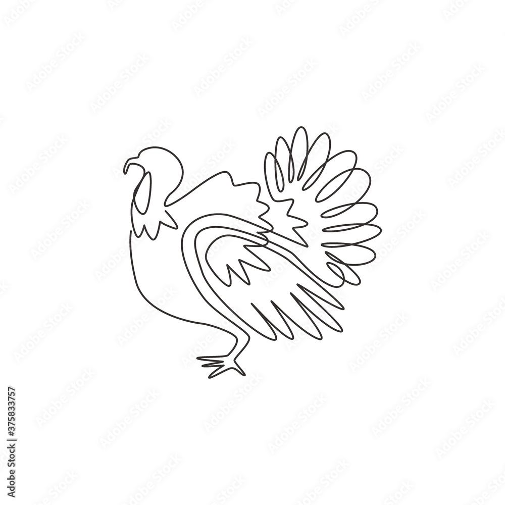 One continuous line drawing of large turkey for livestock logo identity