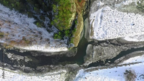 Snowy Bialka river and Kramnica rock in winter, aerial view photo