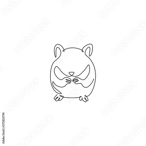 One single line drawing of cute hamster eating seeds for domestic logo identity. Rodent animal mascot concept for pet lover club icon. Modern continuous line draw design vector illustration