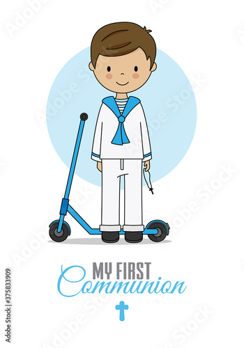 First communion card. Boy with scooter. Isolated vector	
