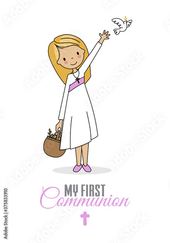 First communion card. Girl with basket of flowers. isolated vector
