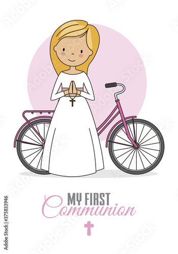 First communion card. Girl with bicycle. Isolated vector