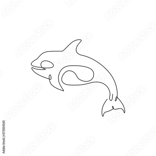 One single line drawing of big cute orca for company logo identity. Orcinus whale mascot concept for national aquatic zoo icon. Modern continuous line draw design vector illustration