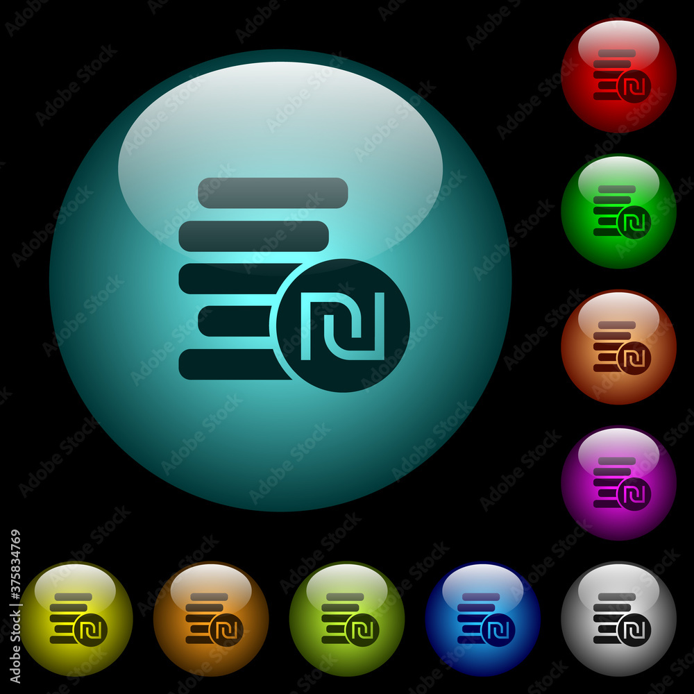 Israeli new Shekel coins icons in color illuminated glass buttons Israeli new Shekel coins icons in color illuminated glass buttons
