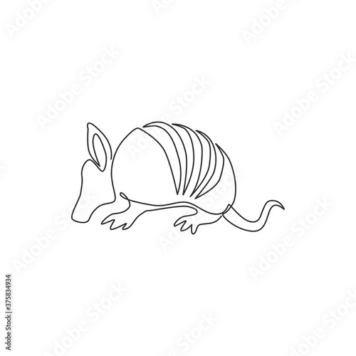 One continuous line drawing of cute armadillo for company logo identity. Xenarthra mammal mascot concept for national zoo icon. Modern single line draw design vector graphic illustration