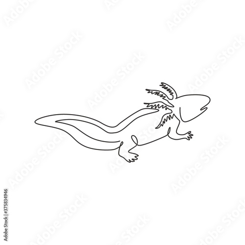 One single line drawing of adorable axolotl for company logo identity. Neotenic salamander mascot concept for aquatic creature icon. Modern continuous line draw design graphic vector illustration