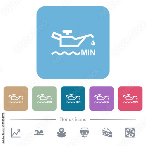 Oil level minimum indicator flat icons on color rounded square backgrounds