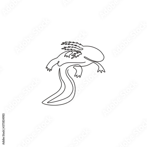 Single continuous line drawing of beauty axolotl for company logo identity. Mexican walking fish mascot concept for aquatic creature icon. Modern one line draw design vector graphic illustration