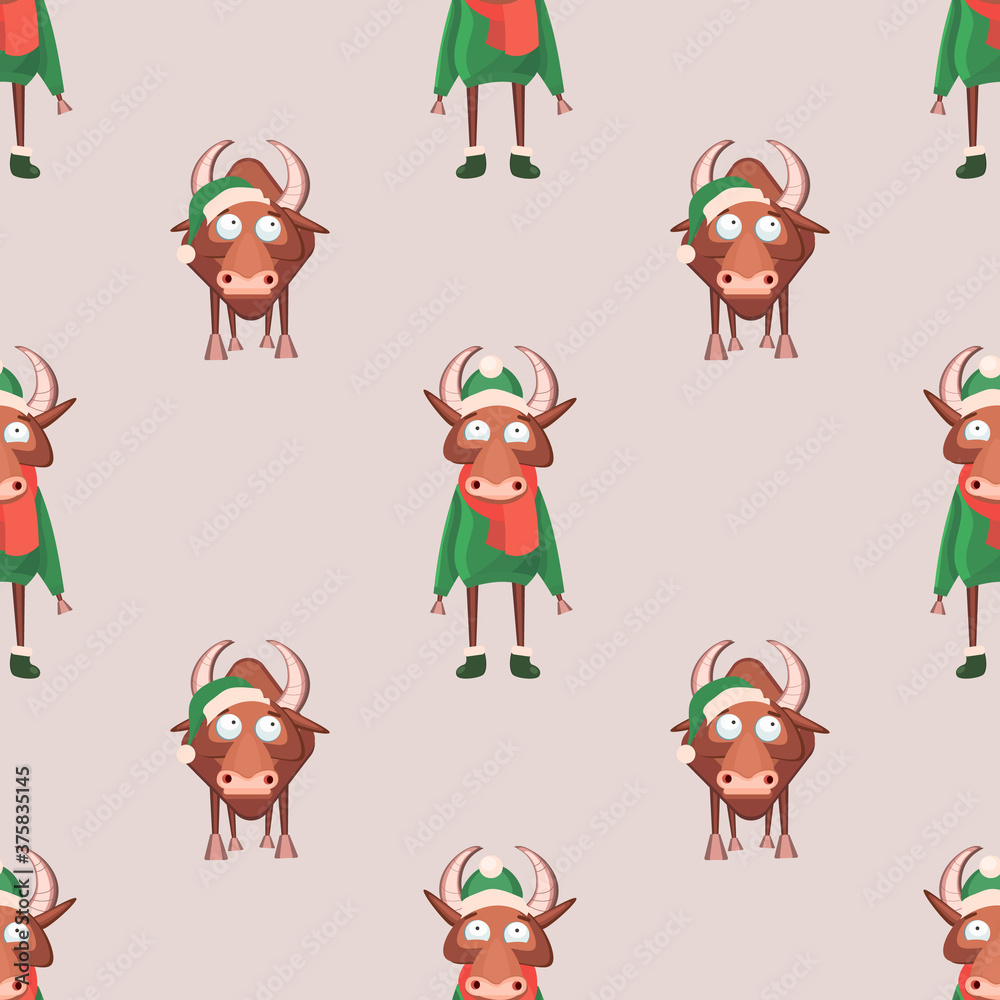 Fototapeta premium Seamless pattern for Happy Chinese new year 2021 - funny bulls. Vector illustration. Great for wrapping paper, textile, wrapping paper.