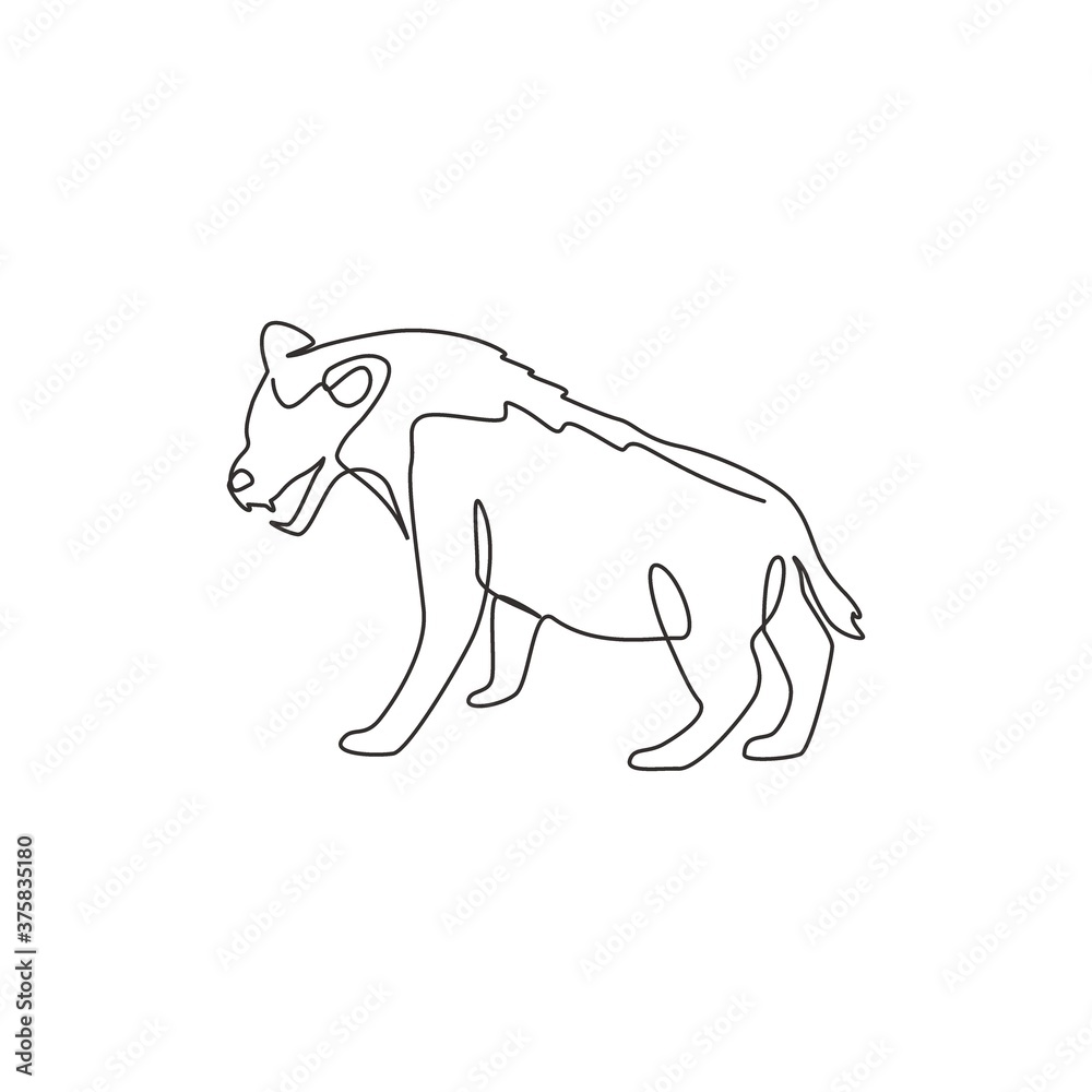 Single continuous line drawing of ferocious hyena for company logo identity. Carnivore animal mascot concept for safari park icon. Modern one line draw design vector graphic illustration