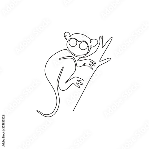 Single one line drawing of funny tarsier for foundation logo identity. Nocturnal primate animal mascot concept for pet lover club icon. Modern continuous line draw design vector graphic illustration