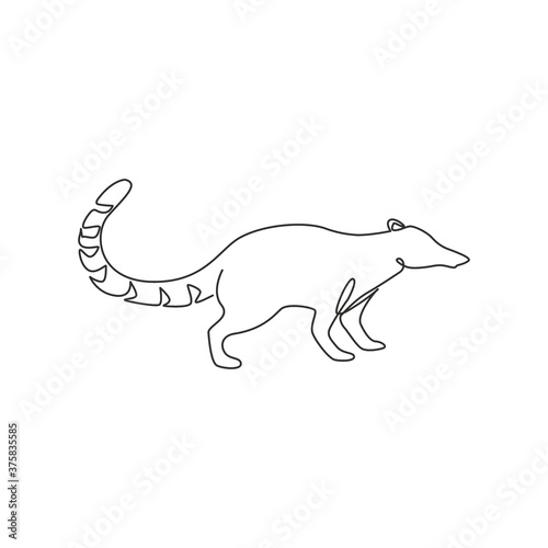 One continuous line drawing of cute coati for company logo identity. Diurnal mammals mascot concept for national zoo icon. Modern single line draw design graphic vector illustration