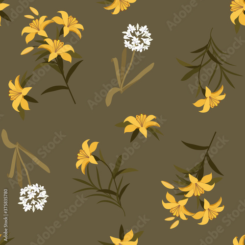 Seamless pattern. White agapanthus flower pattern and lily