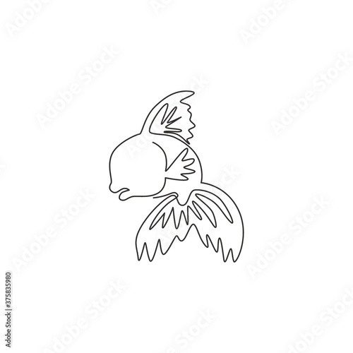 Single continuous line drawing of funny goldfish for company logo identity. Decorative fish mascot concept for aquatic fishbowl icon. Modern one line draw design vector graphic illustration