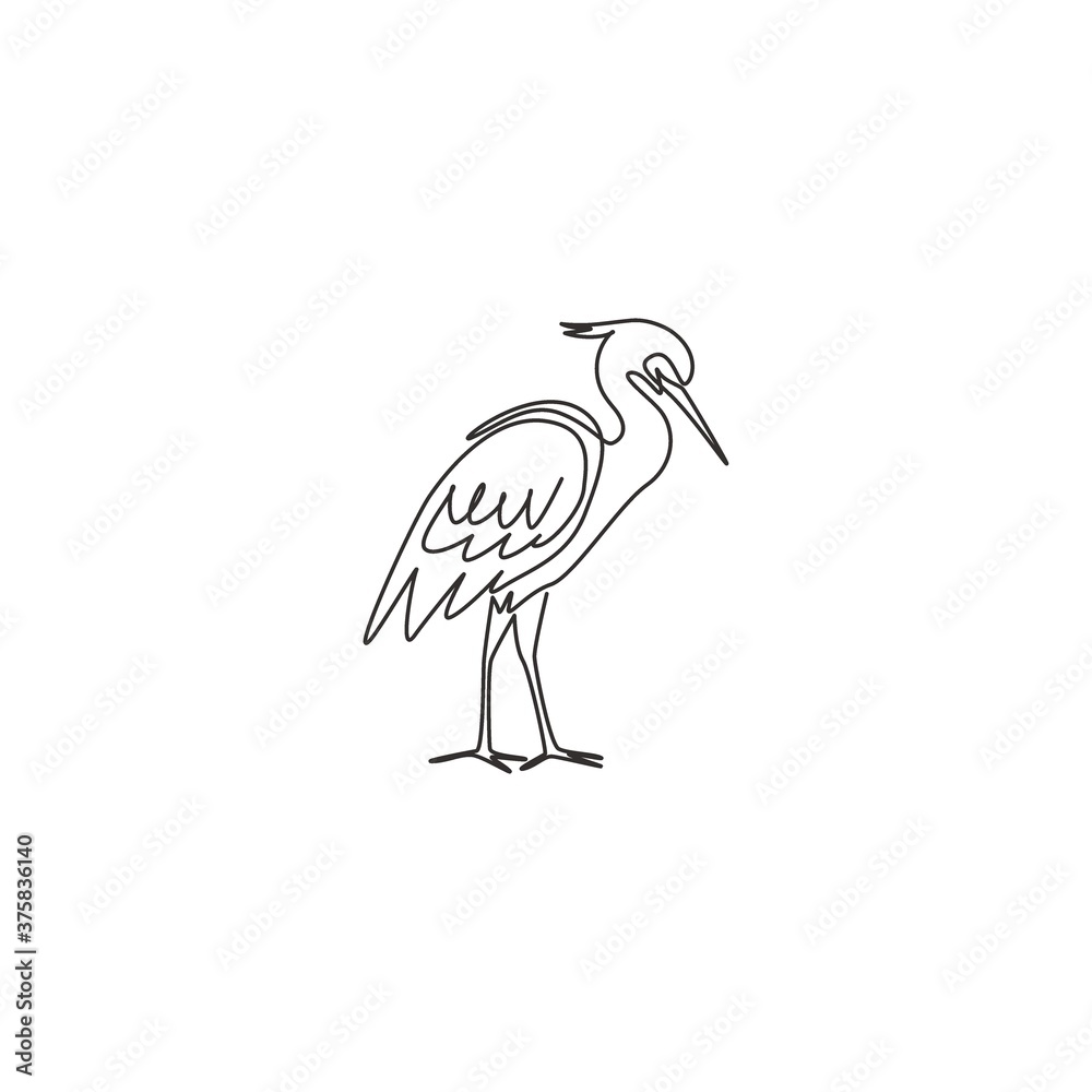 Fototapeta premium One continuous line drawing of cute standing heron for company logo identity. Coastal bird mascot concept for national park icon. Modern single line draw design vector graphic illustration