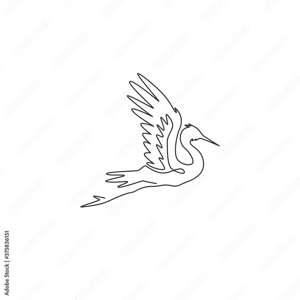 One continuous line drawing of cute flying heron for company logo ...