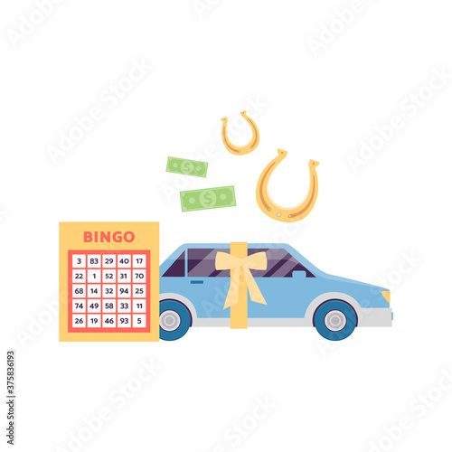 Bingo card and lottery winner prize car with cash money and horseshoes