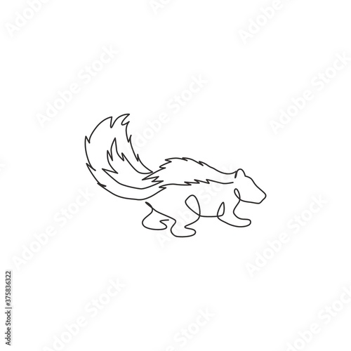 One single line drawing of adorable striped skunk for company logo identity. Sprayer liquid with stink smell animal mascot concept for zoo icon. Modern continuous line draw design vector illustration