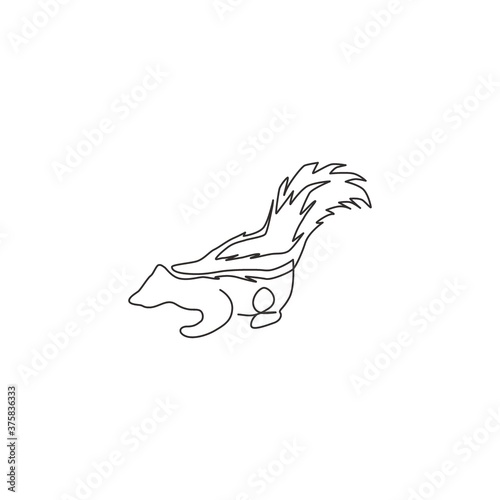 One continuous line drawing of cute striped skunk for logo identity. Mephitidae north and south American mammal mascot concept for national zoo icon. Modern single line draw design vector illustration