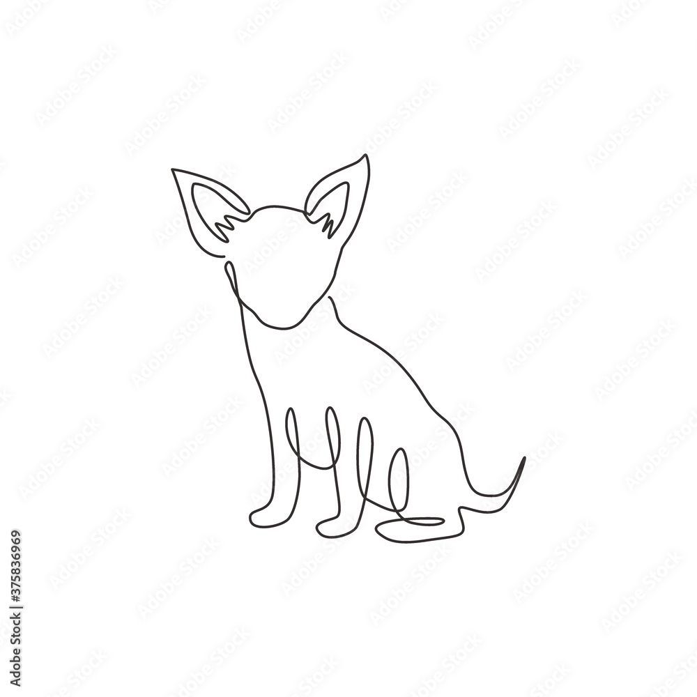 Single one line drawing of funny chihuahua dog for company logo identity. Purebred dog mascot concept for pedigree friendly pet icon. Modern continuous one line draw design vector graphic illustration