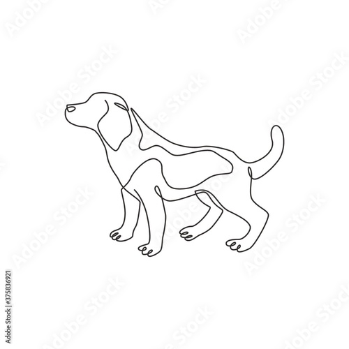 Single one line drawing of cute beagle dog for company logo identity. Purebred dog mascot concept for pedigree friendly pet icon. Modern continuous one line draw design graphic vector illustration