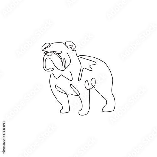 One continuous line drawing of dashing bulldog for company logo identity. Purebred dog mascot concept for pedigree friendly pet icon. Modern single line draw design vector graphic illustration