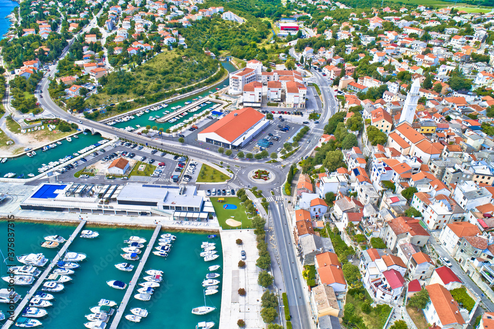 Town of Novi Vinodolski aerial panoramic view, Adriatic sea