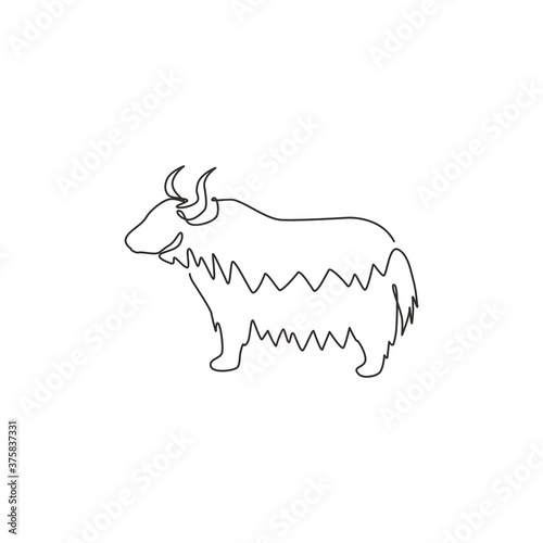 One continuous line drawing of dashing yak for company logo identity. Ox mammal mascot concept for livestock icon. Modern single line draw graphic design vector illustration