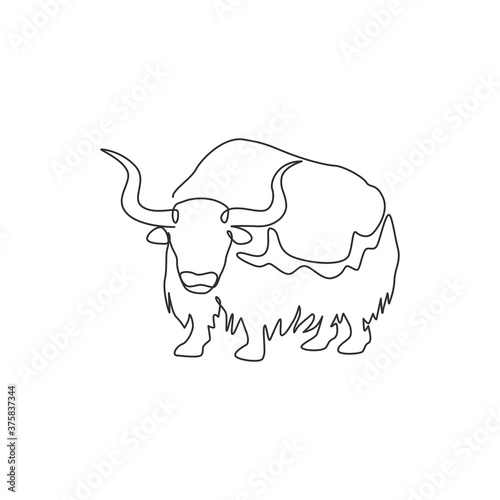 Single one line drawing of gallant yak for company logo identity. Livestock ox mammal mascot concept for national zoo icon. Modern continuous line draw design graphic vector illustration