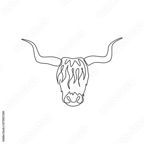 Single one line drawing of manly yak head for company logo identity. Cow farm mammal mascot concept for national zoo icon. Modern continuous line draw design vector graphic illustration