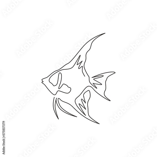 Single one line drawing of funny freshwater anglefish for company logo identity. Cute pterophyllum fish mascot concept for aquatic show icon. Modern continuous line draw design vector illustration
