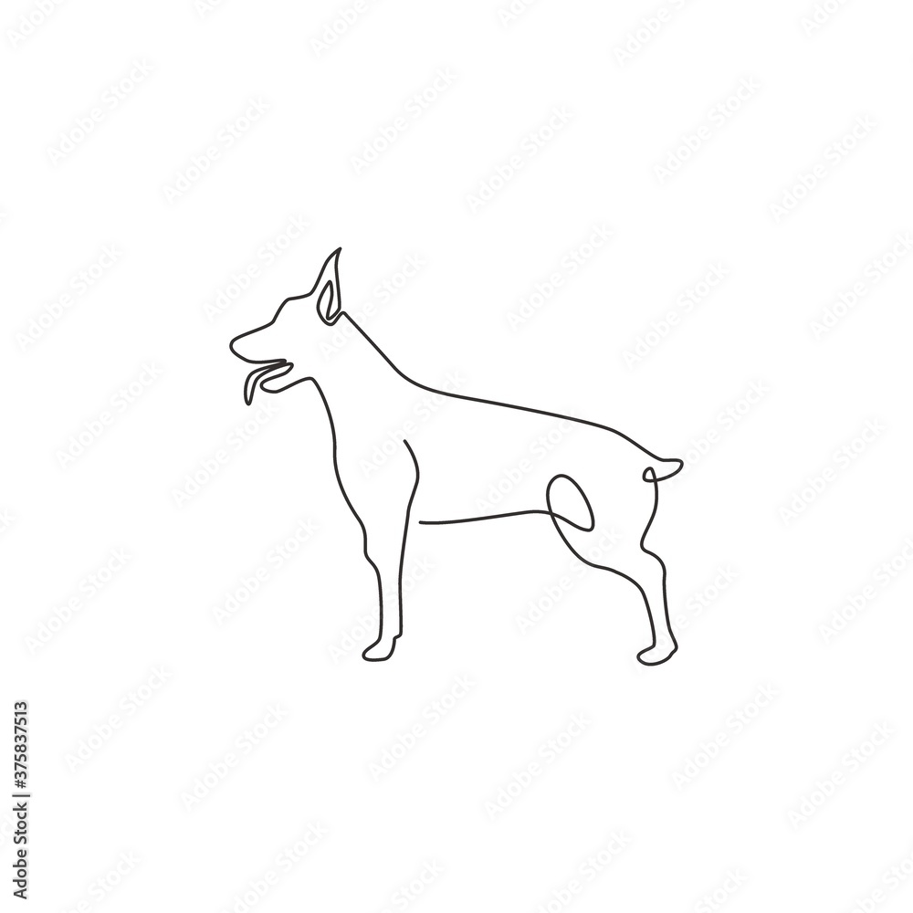 Single continuous line drawing of dashing doberman dog for security company logo identity. Purebred dog mascot concept for pedigree friendly pet icon. Modern one line draw design vector illustration