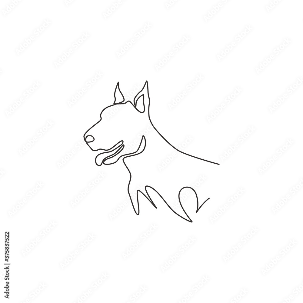 One continuous line drawing of fierce doberman dog for security company logo identity. Purebred dog mascot concept for pedigree friendly pet icon. Modern single line draw design vector illustration